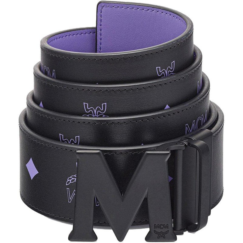 MCM Claus Matte M Reversible Belt 1.75” in Embossed Leather, Black/Purple