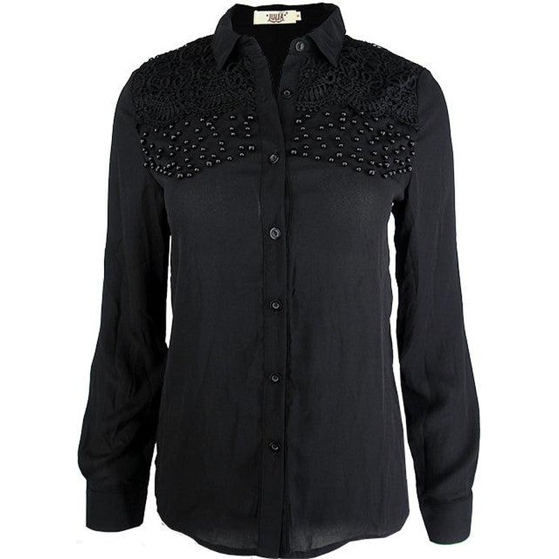 Women's Long Sleeve Button Up Beads Black