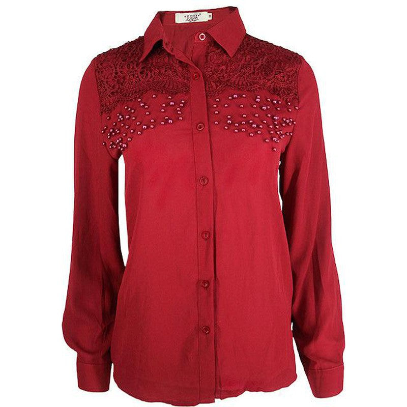 Women's Long Sleeve Button Up Beads Wine