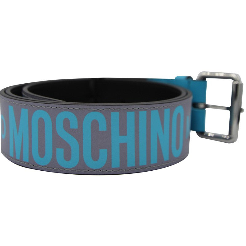 Moschino Couture Printed Logo Strap Leather Belt with Silver Buckle