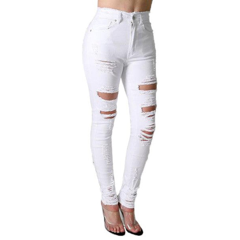 Women's high waist destroyed skinny jeans, White - Krush Clothing