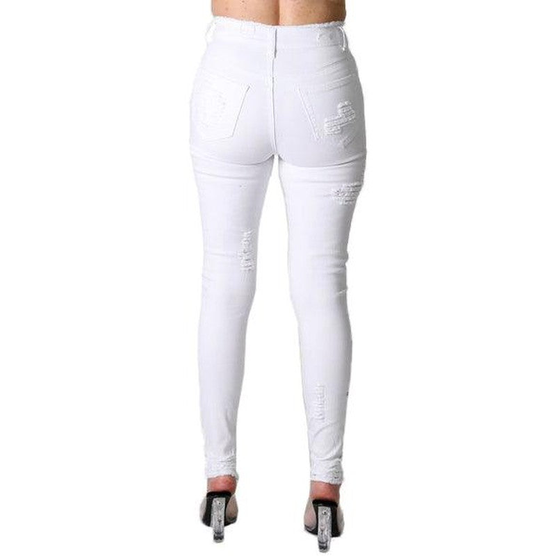 Women's high waist destroyed skinny jeans, White - Krush Clothing