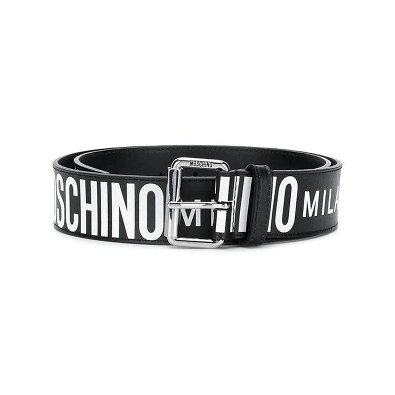 Moschino Leather Belt With All Over Logo Silver Buckle