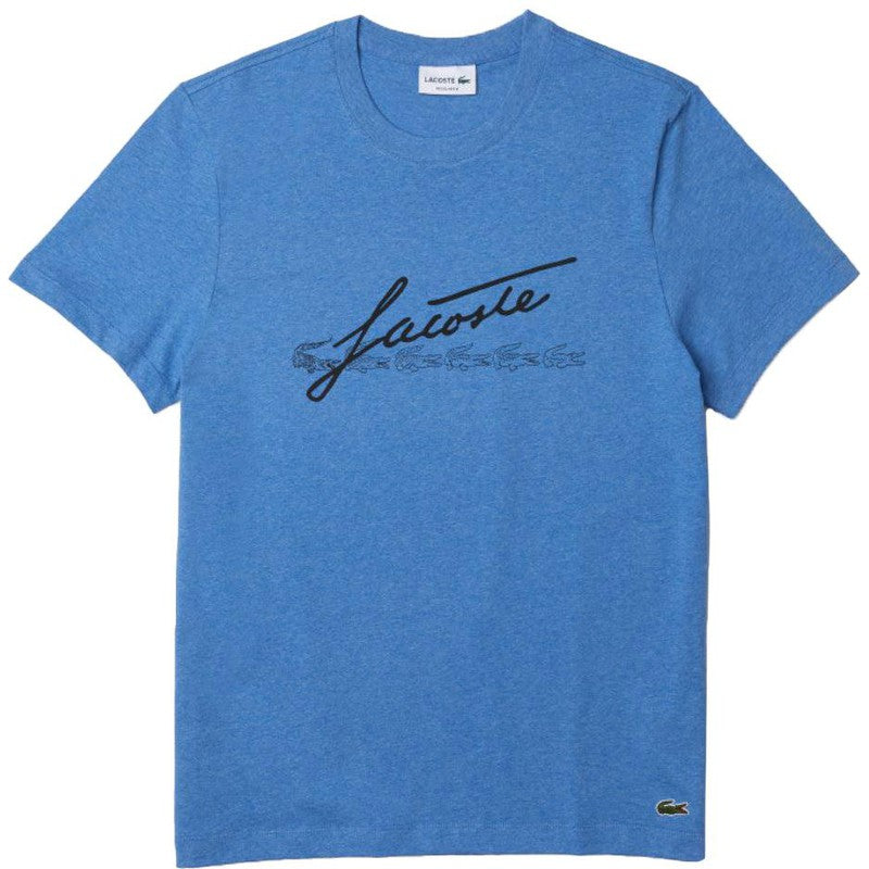 Men's Signature And Crocodile Print Crew Neck Cotton T-Shirt, Blue Chine - Krush Clothing