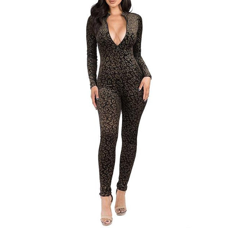 Women's Velvet Cheetah Print Zipper Jumpsuit