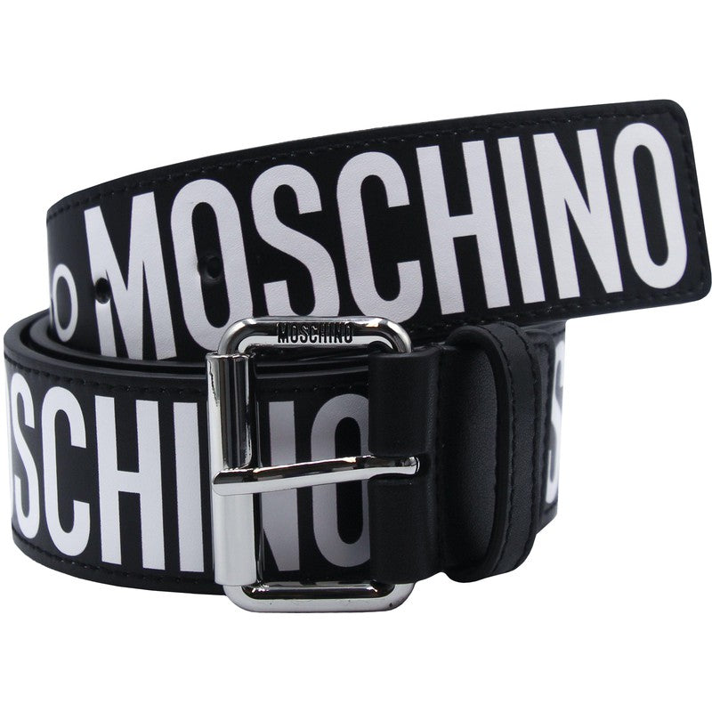 Moschino Couture Leather Belt With All Over Logo - Krush Clothing