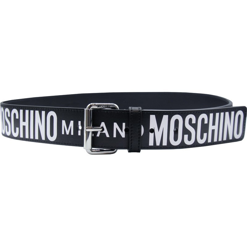 Moschino Couture Leather Belt With All Over Logo - Krush Clothing