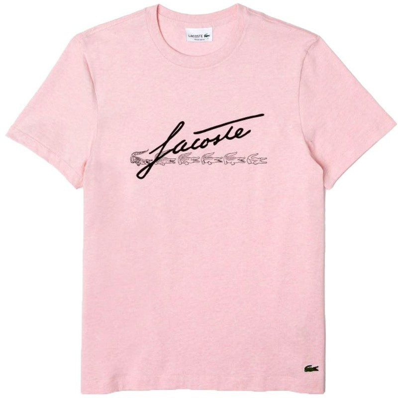 Men's Signature And Crocodile Print Crew Neck Cotton T-Shirt, Pink - Krush Clothing