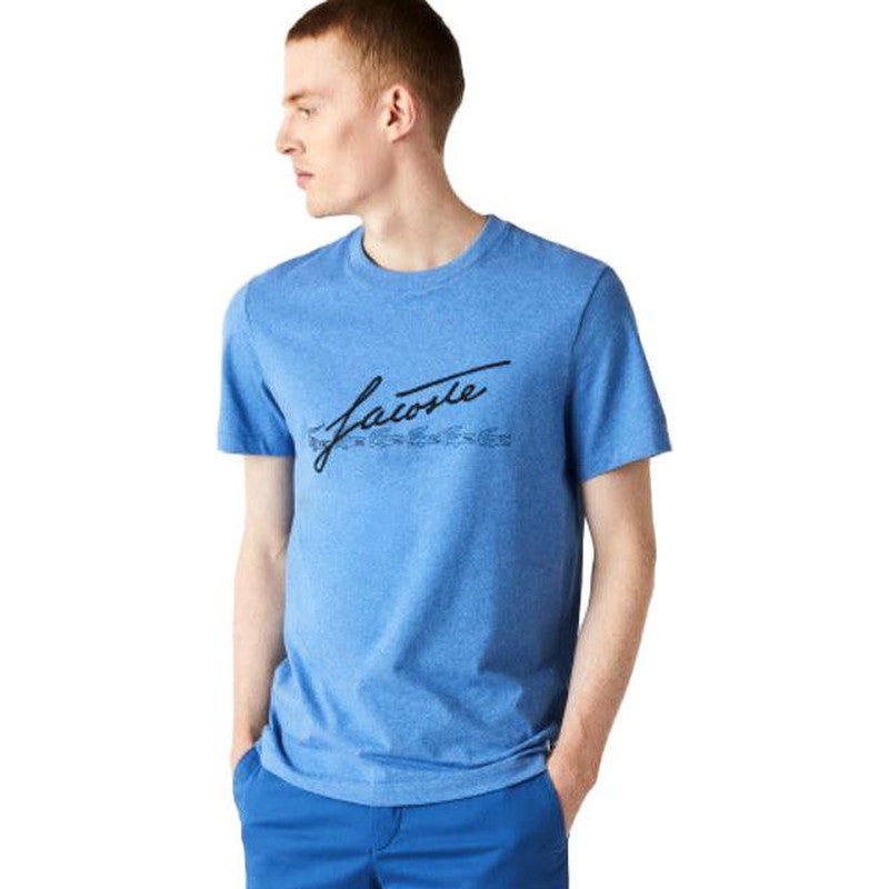 Men's Signature And Crocodile Print Crew Neck Cotton T-Shirt, Blue Chine - Krush Clothing