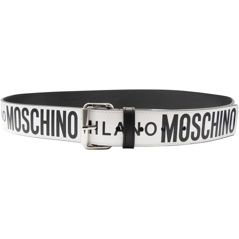 Moschino Leather Belt With All Over Logo Silver Buckle - Krush Clothing